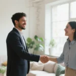 Two people shaking hands and smiling in a bright, friendly setting, symbolizing connection, friendship, and positive influence.